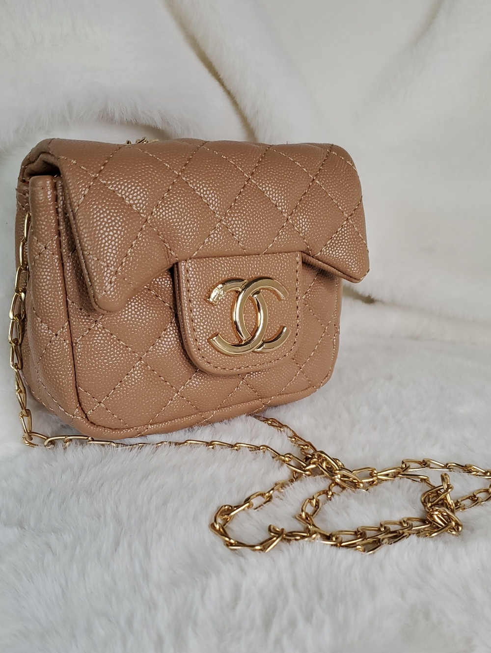 Mini Quilted Shoulder Bag in Tan with Gold Hardware